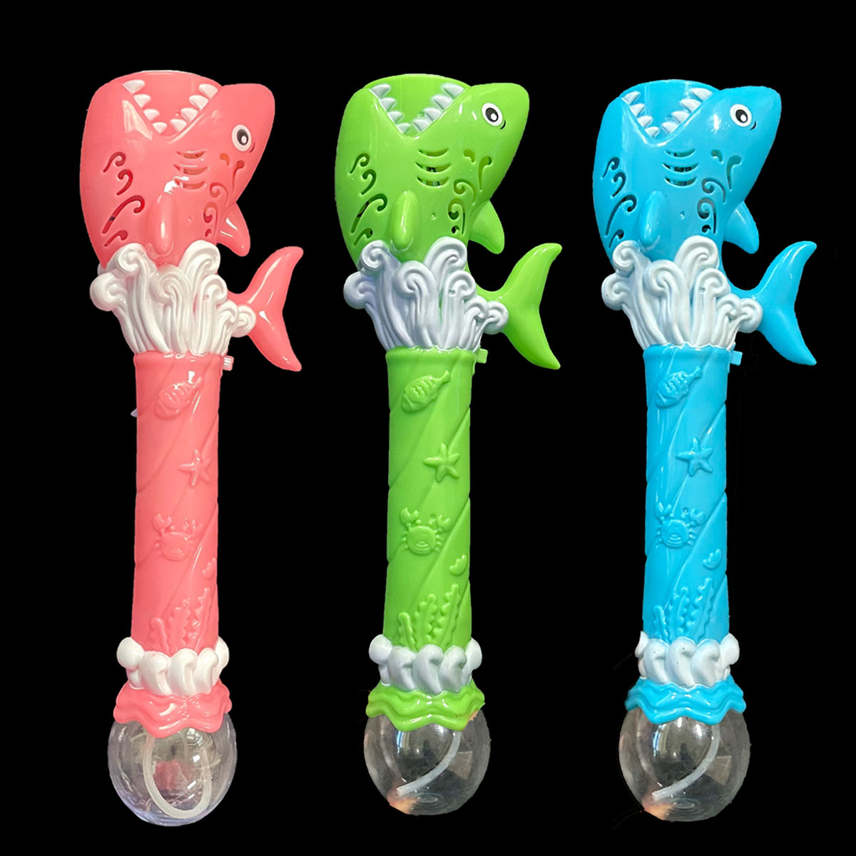 The LED Shark Bubble Wand in pink, green and blue